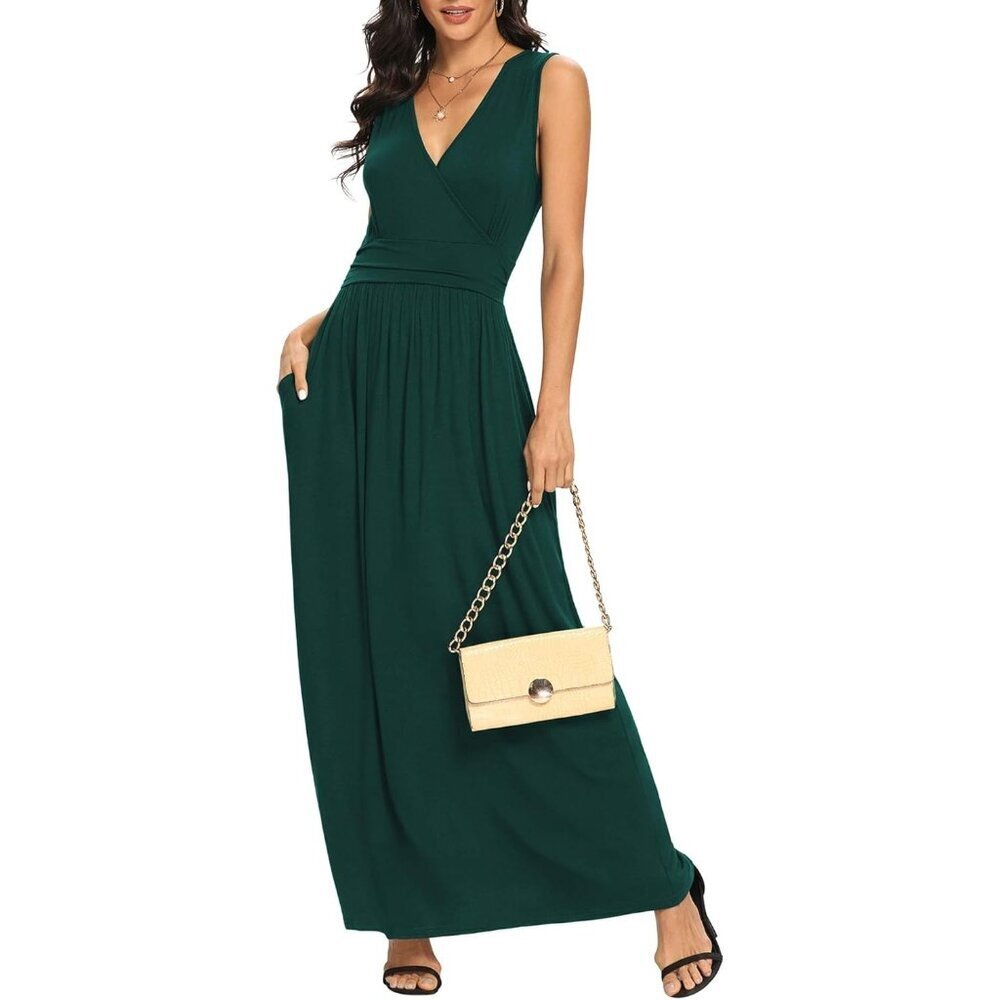 Women Dark Green Deep V Neck Sleeveless Loose Plain Long Maxi Stretchy Dress